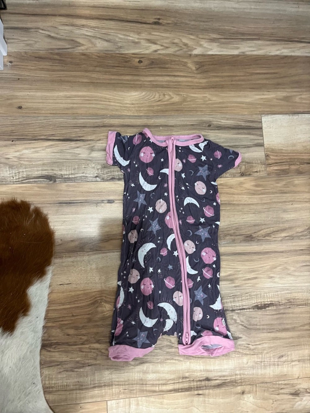 Little Sleepies Gray and Pink Moon & Stars Short Sleeve Sleep Romper